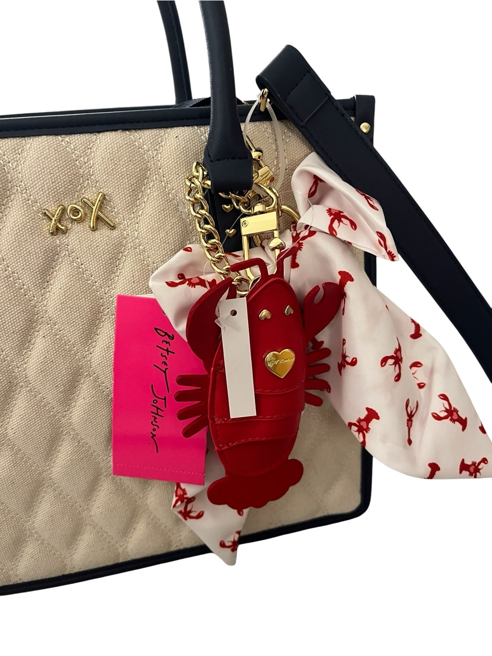 Betsey Johnson Quilted Beige and Navy Blue Tote Bag with Lobster Scarf and Charm - Picture 2 of 7